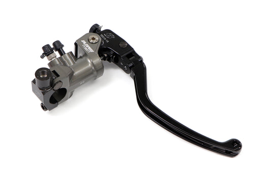 A motorcycle brake lever assembly with a black lever and a metallic gray clamp, shown on a plain white background.